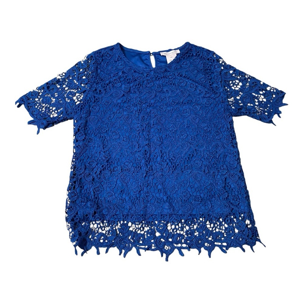 PHILOSOPHY Blouse Women's Small Crochet Lace Overlay Denim Blue Short Sleeve